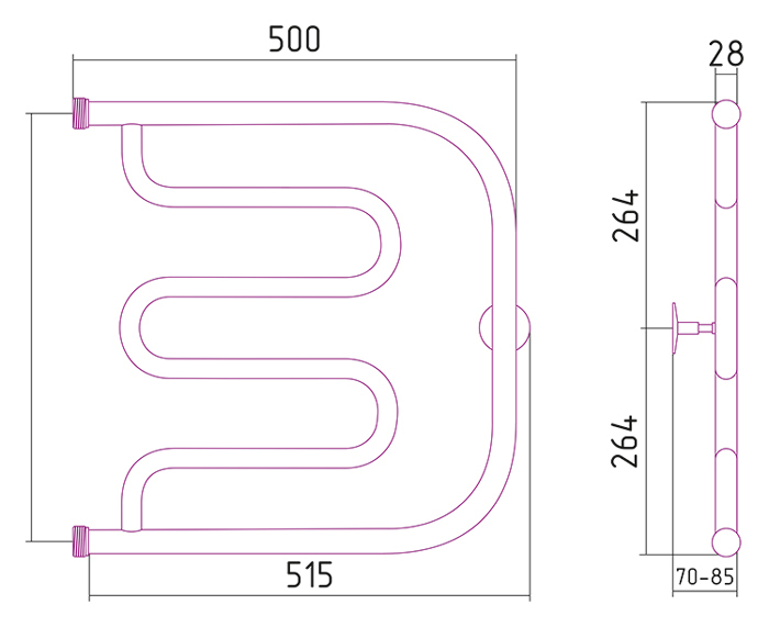 Полотенцесушитель водяной Стилье Тандем 500x500 резьба-сгон 1" + кронштейн